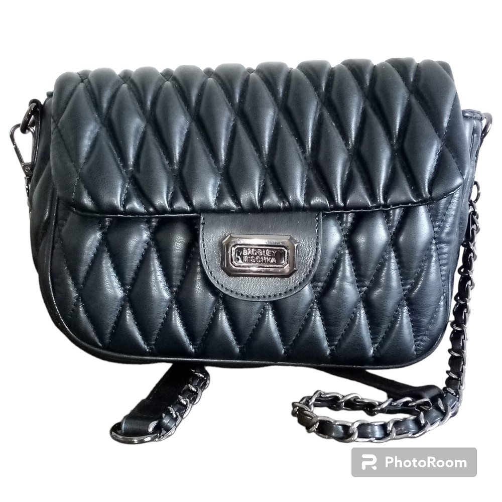 Badgley Mischka Diamond Quilted Crossbody Bag Black Faux Leather Chain Strap